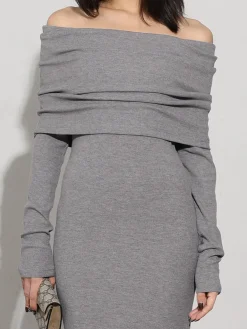 COMMENSE Charcoal Off Shoulder Overfold Long Sleeve Long Dress* Casual Dresses|Cocktail & Party Dresses