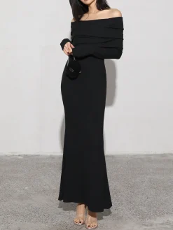 COMMENSE Charcoal Off Shoulder Overfold Long Sleeve Long Dress* Casual Dresses|Cocktail & Party Dresses