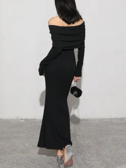 COMMENSE Charcoal Off Shoulder Overfold Long Sleeve Long Dress* Casual Dresses|Cocktail & Party Dresses