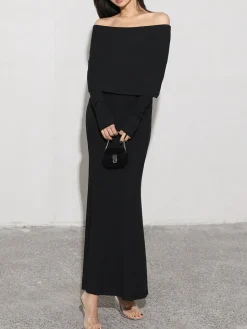 COMMENSE Charcoal Off Shoulder Overfold Long Sleeve Long Dress* Casual Dresses|Cocktail & Party Dresses