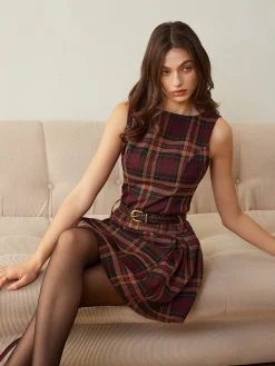 COMMENSE Checked Pleated Tank Dress Without Belt* Casual Dresses|Work Dresses
