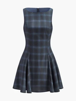 COMMENSE Checked Pleated Zipper Tank Dress* Dresses