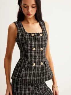 COMMENSE Checked Tweed Button Vest* Outerwear|Vests