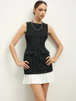 COMMENSE Checkered Tweed Panel Tank Dress* Black Dresses|Casual Dresses