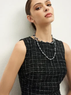 COMMENSE Checkered Tweed Panel Tank Dress* Black Dresses|Casual Dresses