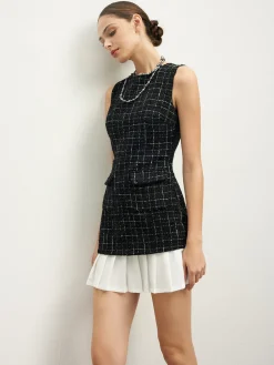 COMMENSE Checkered Tweed Panel Tank Dress* Black Dresses|Casual Dresses