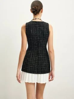 COMMENSE Checkered Tweed Panel Tank Dress* Black Dresses|Casual Dresses