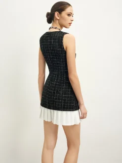 COMMENSE Checkered Tweed Panel Tank Dress* Black Dresses|Casual Dresses