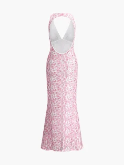 COMMENSE Cherry Blossom Halter Backless Long Dress* Casual Dresses|Vacation Dresses