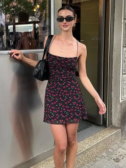 COMMENSE Cherry Print Cami Short Dress* Black Dresses|Casual Dresses