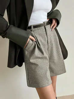 COMMENSE Chevron Tweed Belted Knee Shorts* Shorts|Bottoms
