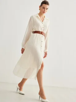 COMMENSE Chiffon Button Pleated Dress With Belt* White Dresses|Casual Dresses