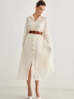COMMENSE Chiffon Button Pleated Dress With Belt* White Dresses|Casual Dresses