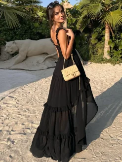 COMMENSE Chiffon High-Low Hem Cutout Long Dress* Black Dresses|Vacation Dresses