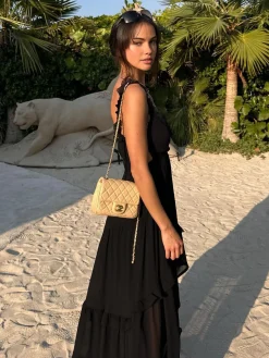 COMMENSE Chiffon High-Low Hem Cutout Long Dress* Black Dresses|Vacation Dresses