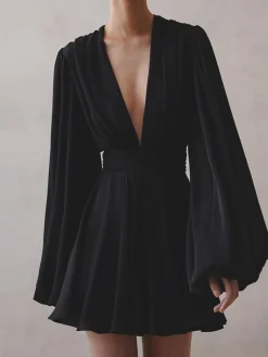 COMMENSE Chiffon Low Cut V-neck Pleated Zip Mini Dress* Black Dresses|Casual Dresses
