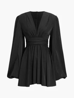 COMMENSE Chiffon Low Cut V-neck Pleated Zip Mini Dress* Black Dresses|Casual Dresses