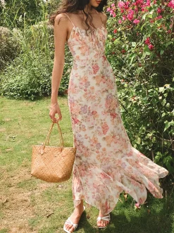 COMMENSE Chiffon Ruffle Cami Floral Dress* Casual Dresses|Floral Dresses