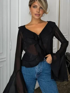 COMMENSE Chiffon Ruffle V-Neck Blouse* Blouses & Shirts|Tops