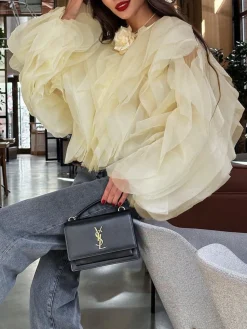 COMMENSE Chiffon Ruffled Crew Neck Blouse* Blouses & Shirts|Tops