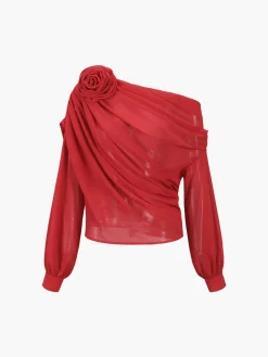COMMENSE Chiffon Semi-sheer One Shoulder Asymmetrical Top* Blouses & Shirts|Tops
