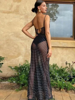 COMMENSE Chiffon Sheer Polka Dot Print Backless Long Dress* White Dresses|Black Dresses