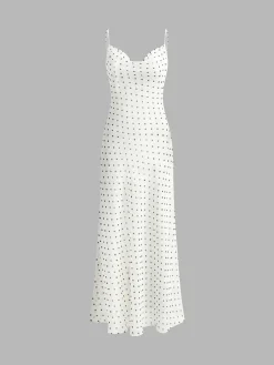 COMMENSE Chiffon Sheer Polka Dot Print Backless Long Dress* White Dresses|Black Dresses