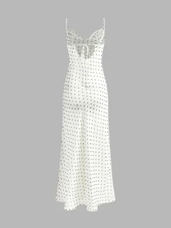COMMENSE Chiffon Sheer Polka Dot Print Backless Long Dress* White Dresses|Black Dresses