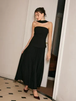 COMMENSE Choker Design Pleated Panel Dress* Black Dresses|Cocktail & Party Dresses