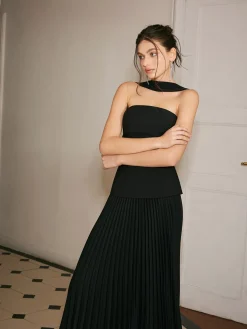 COMMENSE Choker Design Pleated Panel Dress* Black Dresses|Cocktail & Party Dresses