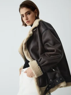 COMMENSE Classic Sherpa Lined Shearling Leather Flight Jacket* Outerwear|Jackets