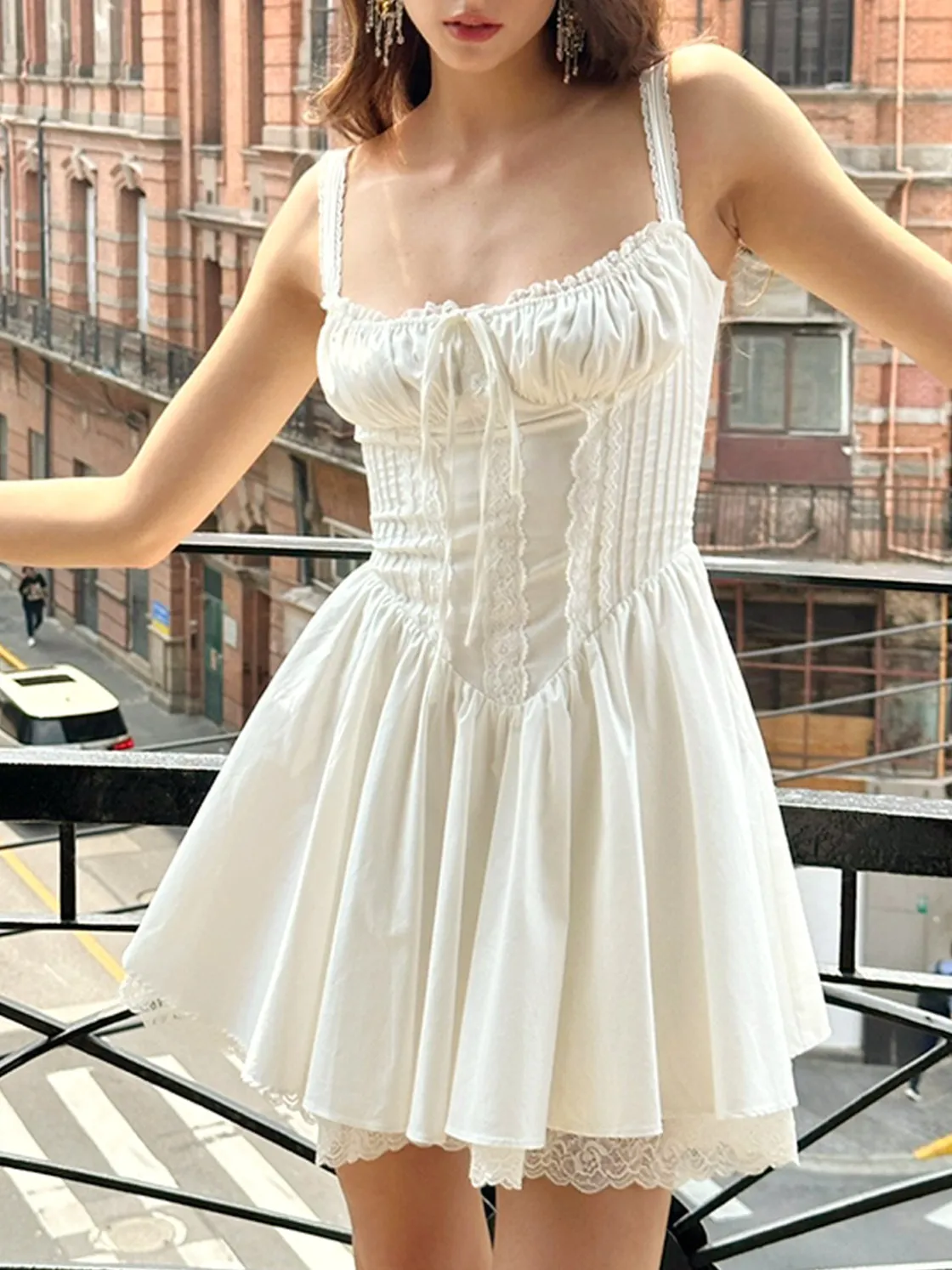 COMMENSE Coastal Cowgirl Lace Trim Corset Short Dress* White Dresses|Casual Dresses