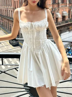 COMMENSE Coastal Cowgirl Lace Trim Corset Short Dress* White Dresses|Casual Dresses