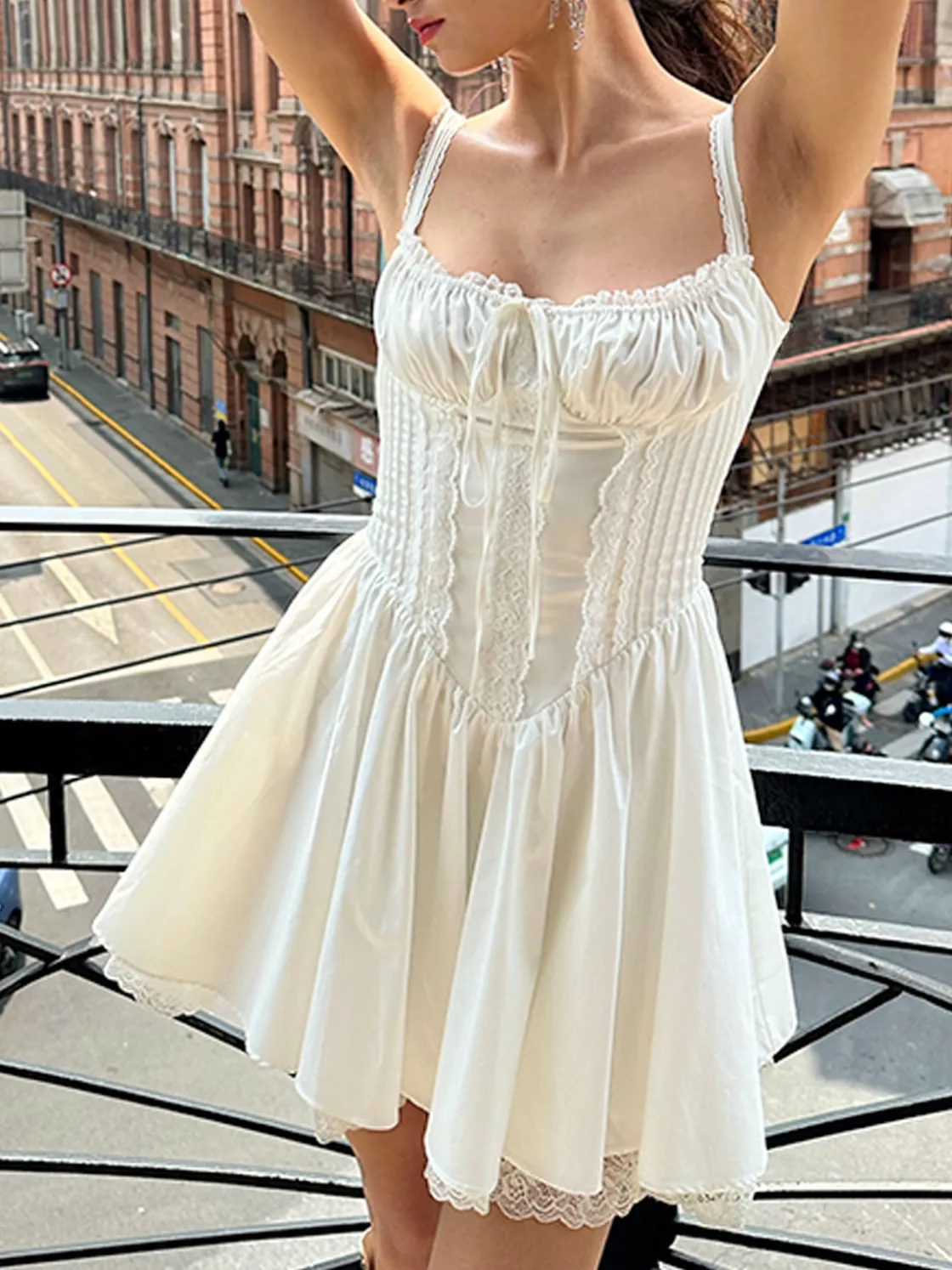 COMMENSE Coastal Cowgirl Lace Trim Corset Short Dress* White Dresses|Casual Dresses