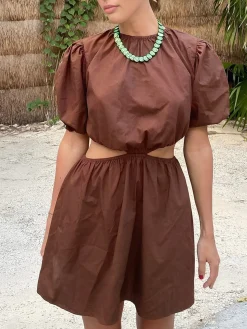 COMMENSE Cocoa Bean Cotton Blends Cutout Short Dress* Casual Dresses|Vacation Dresses