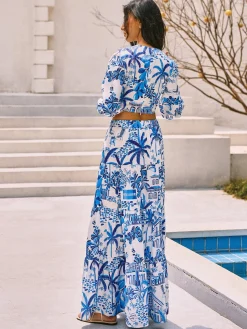 COMMENSE Cocoa Palm Print Boho Knotted Vacation Skirt Set* Skirt Sets|Long Sleeve Sets