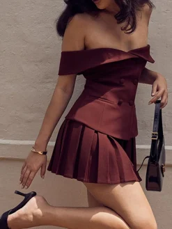 COMMENSE Cold Shoulder Blazer Top With Pleated Skirt Set* Skirt Sets|Long Sleeve Sets