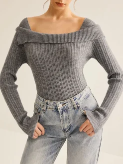 COMMENSE Cold Shoulder Ribbed Slim Sweater* Sweater Tops|Sweaters & Cardigans