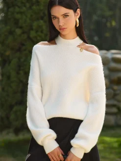 COMMENSE Cold-Shoulder Choker Shift Sweater* Knitwear|Tops