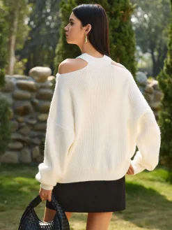 COMMENSE Cold-Shoulder Choker Shift Sweater* Knitwear|Tops