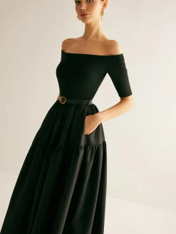COMMENSE Cold-Shoulder Panel Pleated Belted Dress* Black Dresses|Casual Dresses