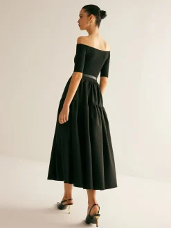 COMMENSE Cold-Shoulder Panel Pleated Belted Dress* Black Dresses|Casual Dresses