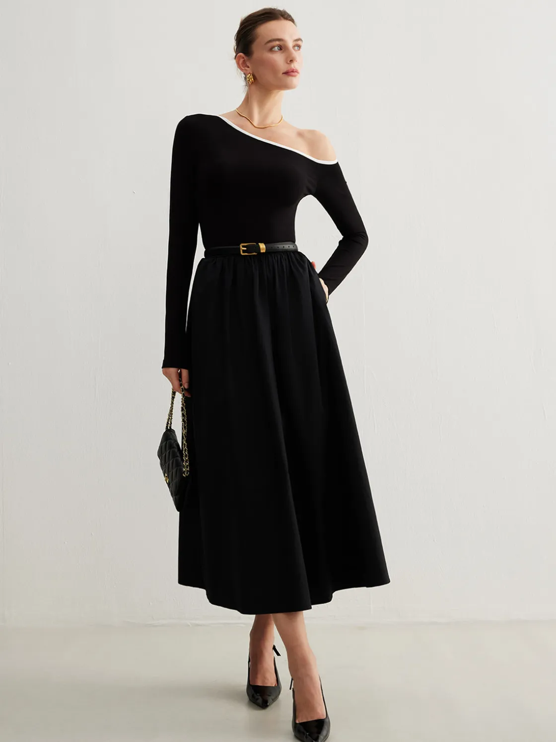 COMMENSE Cold-Shoulder Pockets Panel Dress Without Belt* Black Dresses|Casual Dresses