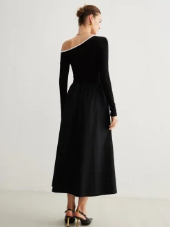 COMMENSE Cold-Shoulder Pockets Panel Dress Without Belt* Black Dresses|Casual Dresses