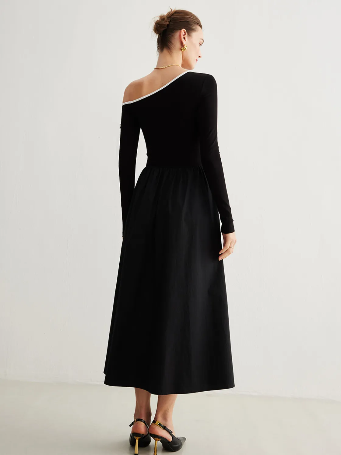 COMMENSE Cold-Shoulder Pockets Panel Dress Without Belt* Black Dresses|Casual Dresses