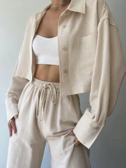 COMMENSE Collared Drawstring Two Piece Pants Set* Matching Sets|Bottoms