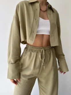 COMMENSE Collared Drawstring Two Piece Pants Set* Matching Sets|Bottoms