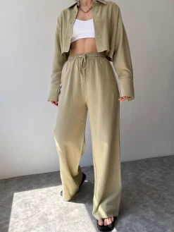 COMMENSE Collared Drawstring Two Piece Pants Set* Matching Sets|Bottoms
