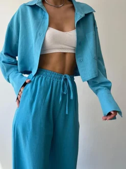 COMMENSE Collared Drawstring Two Piece Pants Set* Matching Sets|Bottoms