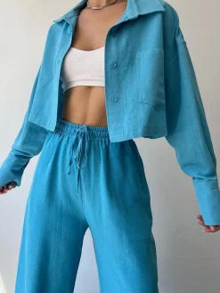 COMMENSE Collared Drawstring Two Piece Pants Set* Matching Sets|Bottoms